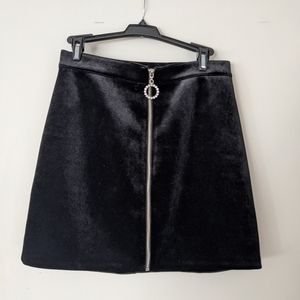 Zip front black velvet skirt with crystal zip pull